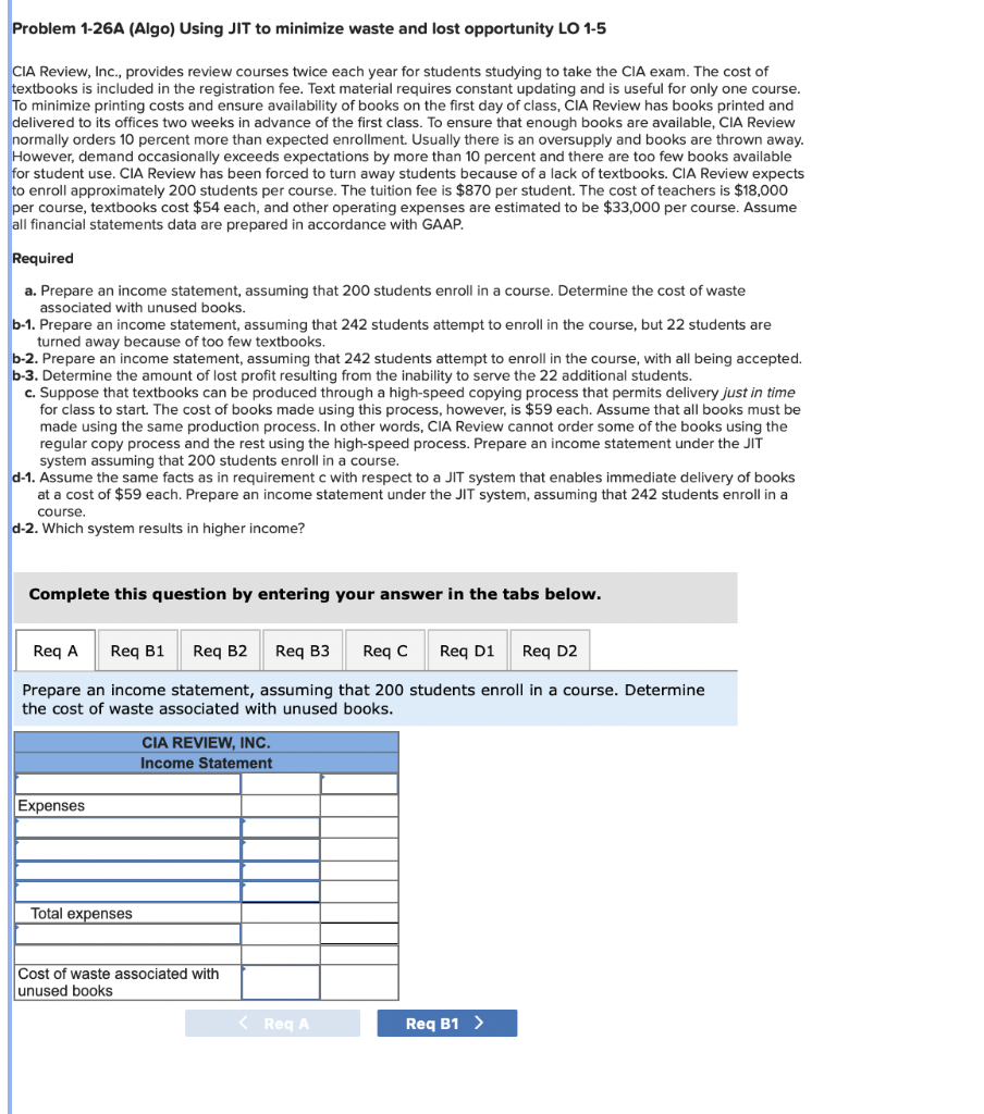 Problem 1-26A (Algo) Using JIT to minimize waste and lost opportunity LO