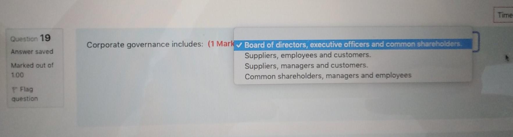 Question 19 Answer saved Marked out of 1.00 Flag question Corporate governance