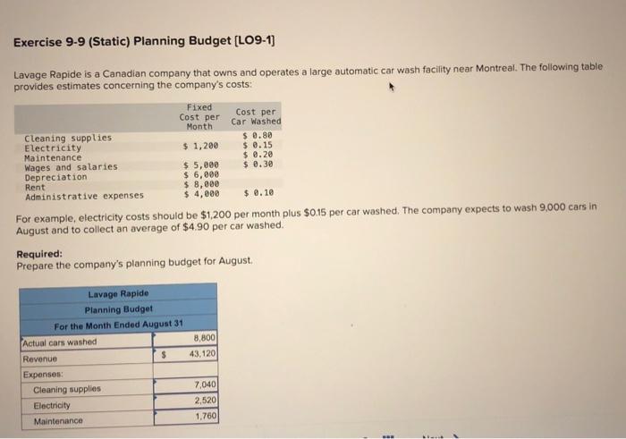 Exercise 9-9 (Static) Planning Budget [LO9-1] Lavage Rapide is a Canadian company