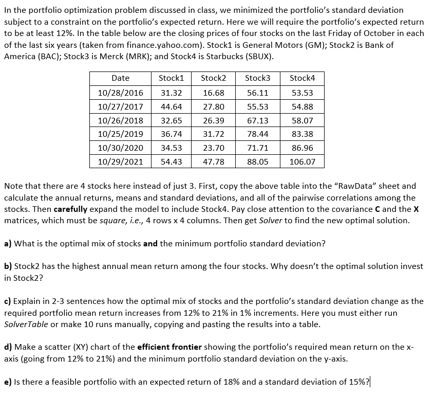 In the portfolio optimization problem discussed in class, we minimized the portfolio's