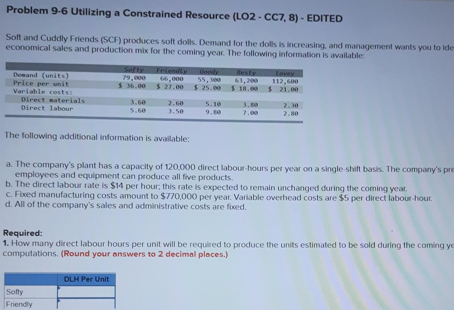 Problem 9-6 Utilizing a Constrained Resource (LO2 - CC7, 8) - EDITED