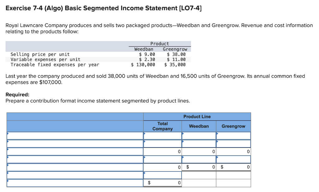 Exercise 7-4 (Algo) Basic Segmented Income Statement [LO7-4] Royal Lawncare Company produces