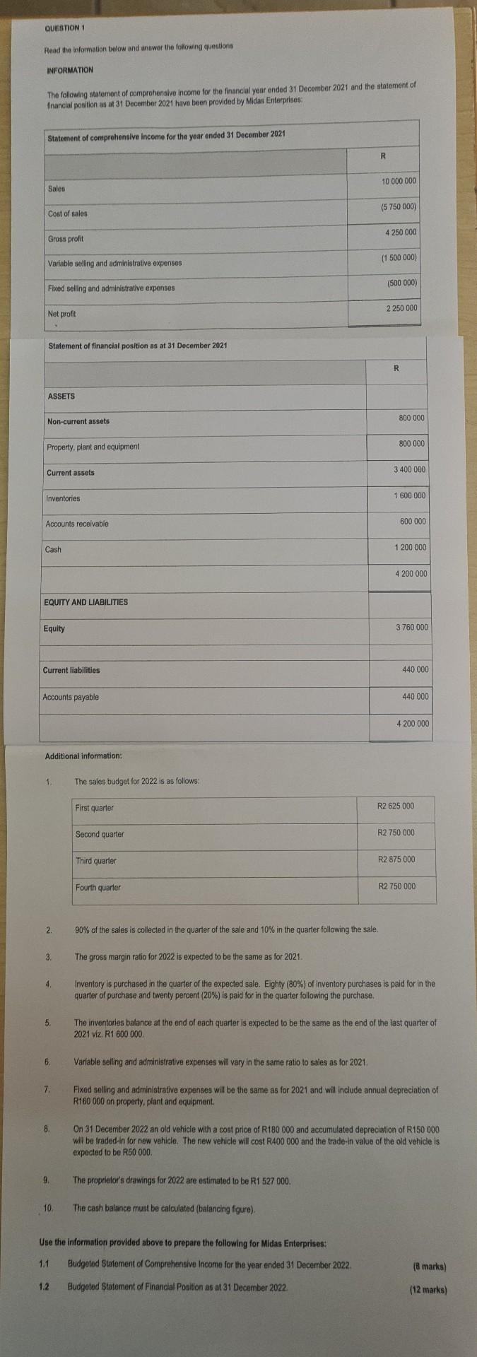 QUESTION 1 Read the information below and answer the following questions INFORMATION