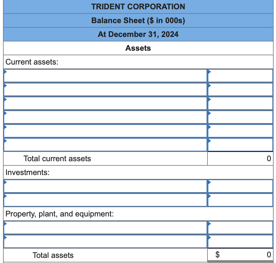 December 31, 2024. Required: 1. Determine the missing amounts. 2. Prepare Trident's