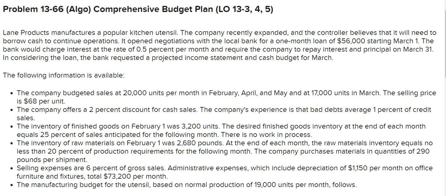 Problem 13-66 (Algo) Comprehensive Budget Plan (LO 13-3, 4, 5) Lane Products