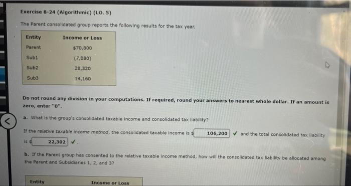 Exercise 8-24 (Algorithmic) (LO. 5) The Parent consolidated group reports the following