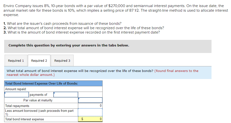 Enviro Company issues 8%, 10-year bonds with a par value of $270,000