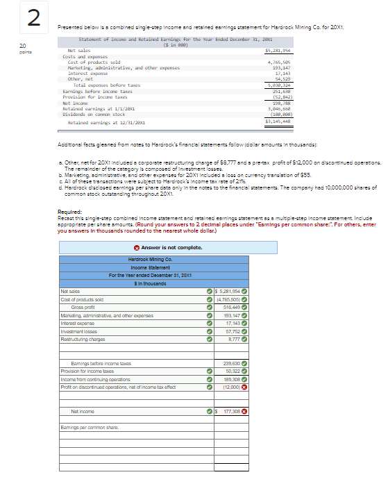 20 2 pointa Presented below is a combined single-step Income and retained
