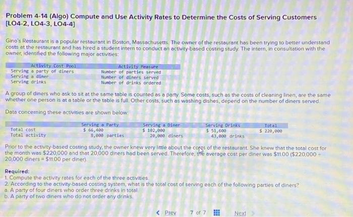 Problem 4-14 (Algo) Compute and Use Activity Rates to Determine the Costs