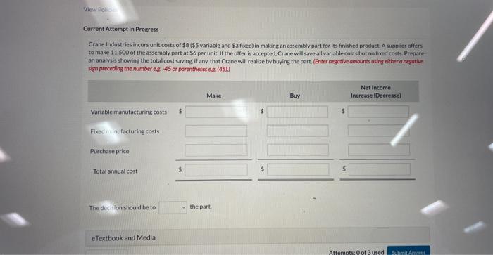 View Polic Current Attempt in Progress Crane Industries incurs unit costs of