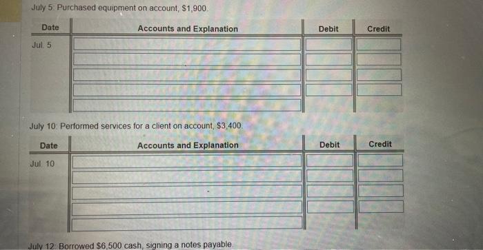 on account, $1,900. Jul. 10 Jul. 12 Jul. 19 Jul. 21 Performed