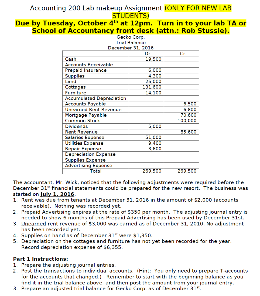 Accounting 200 Lab makeup Assignment (ONLY FOR NEW LAB STUDENTS) Due by