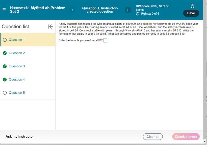 Homework: MyStatLab Problem Set 2 Question 1, Instructor- created question Question list