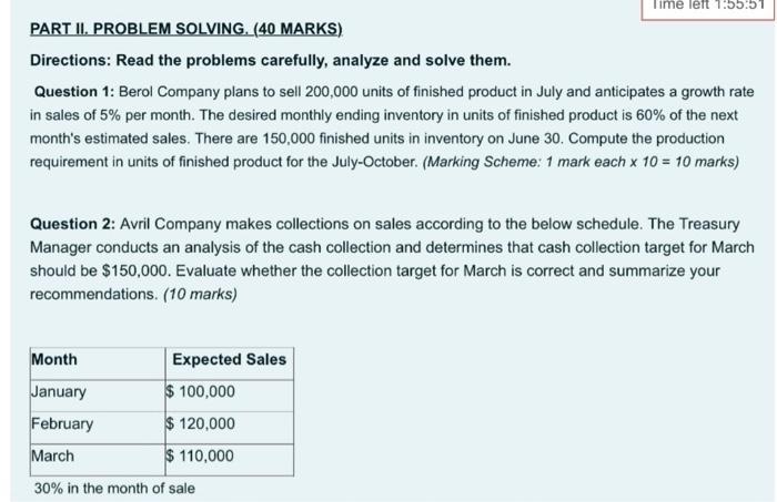 Time left 1:55:51 PART II. PROBLEM SOLVING. (40 MARKS) Directions: Read the