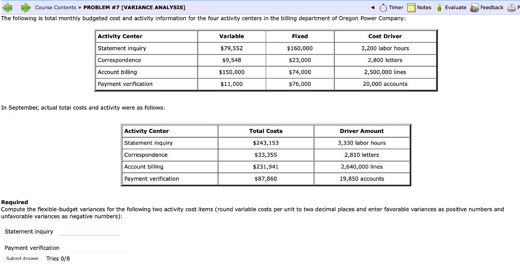 Course Contents PROBLEM #7 [VARIANCE ANALYSIS] Timer Notes Evaluate Feedback P The