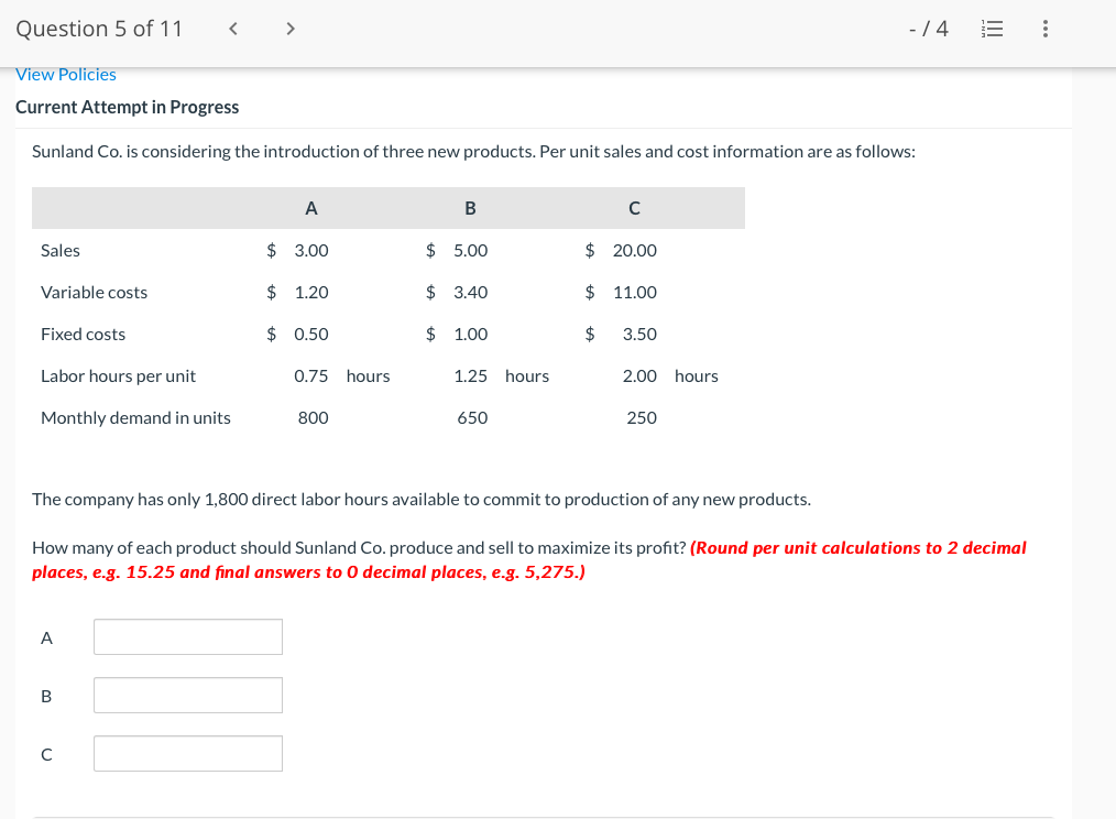 -/4 E : Question 5 of 11 < > View Policies Current