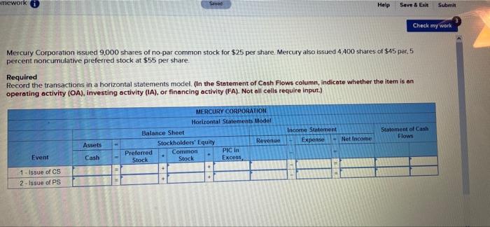 mework Saved Help Save & Exit Submit Mercury Corporation issued 9,000 shares