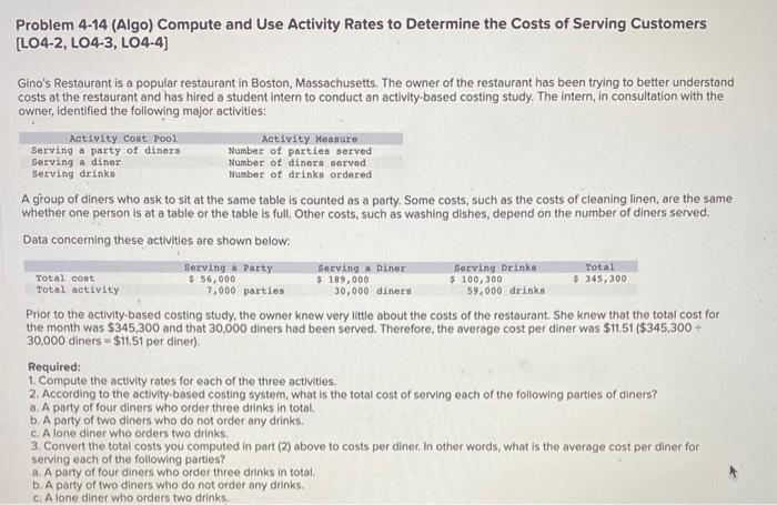 Problem 4-14 (Algo) Compute and Use Activity Rates to Determine the Costs