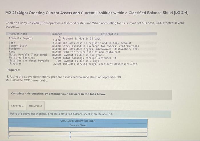 M2-21 (Algo) Ordering Current Assets and Current Liabilities within a Classified Balance