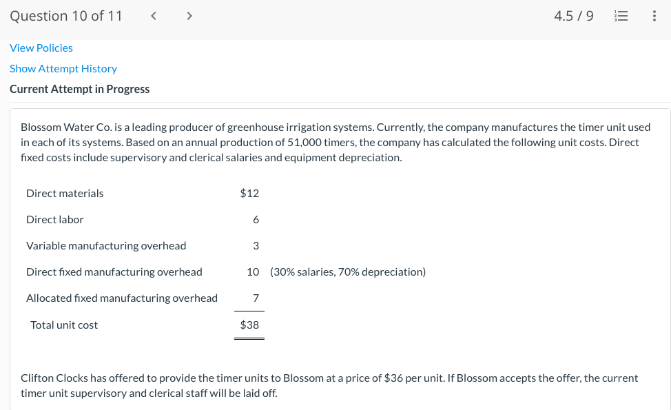 Question 10 of 11 < > 4.5/9 E !!! View Policies Show