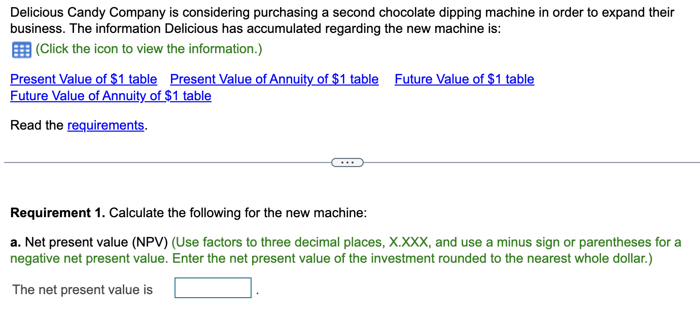 Delicious Candy Company is considering purchasing a second chocolate dipping machine in