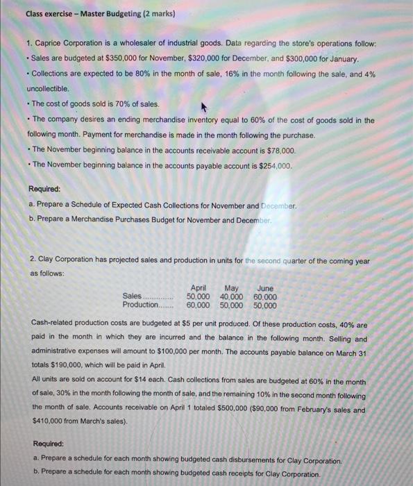 Class exercise - Master Budgeting (2 marks) 1. Caprice Corporation is a