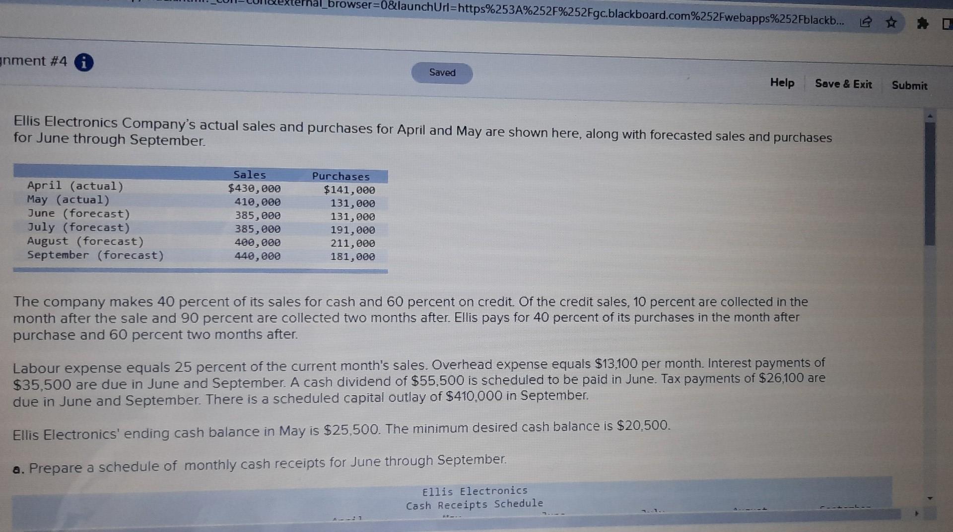 gnment #4 browser=0&launchUrl=https%253A%252F%252Fgc.blackboard.com%252Fwebapps%252Fblackb... Saved Help Save & Exit Submit Ellis Electronics Company's