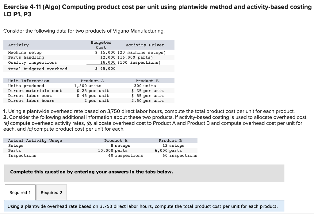 Exercise 4-11 (Algo) Computing product cost per unit using plantwide method and
