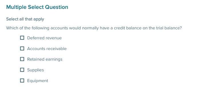 Multiple Select Question Select all that apply Which of the following accounts