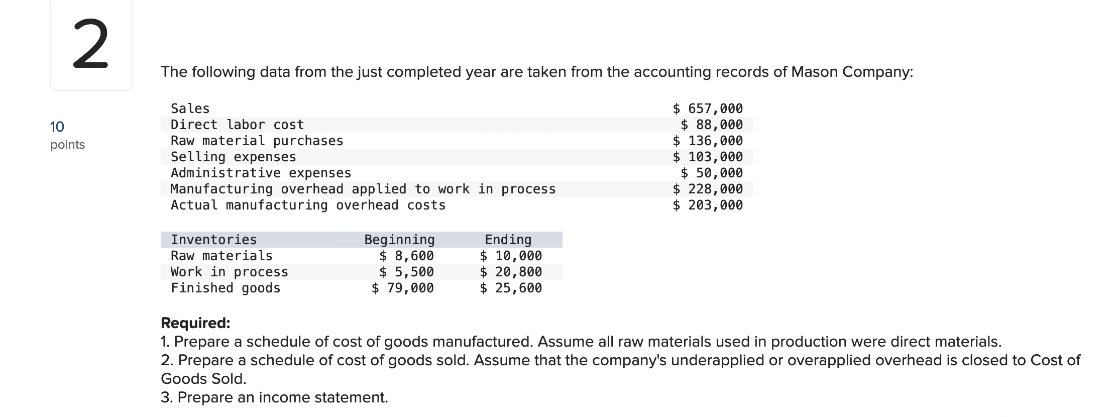 2 The following data from the just completed year are taken from