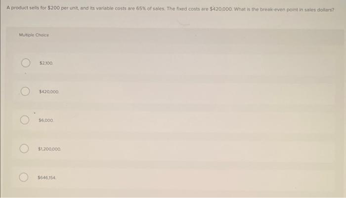 A product sells for $200 per unit, and its variable costs are