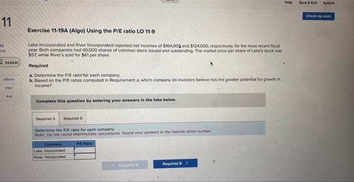 11 Exercise 11-19A (Algo) Using the P/E ratio LO 11-9 19 nts