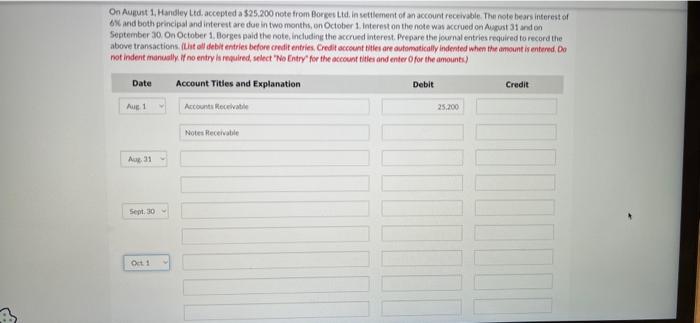 On August 1, Handley Ltd. accepted a $25,200 note from Borges Ltd.