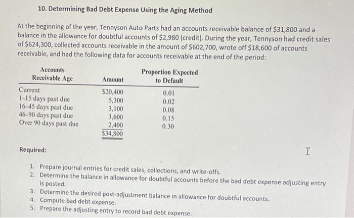 10. Determining Bad Debt Expense Using the Aging Method At the beginning
