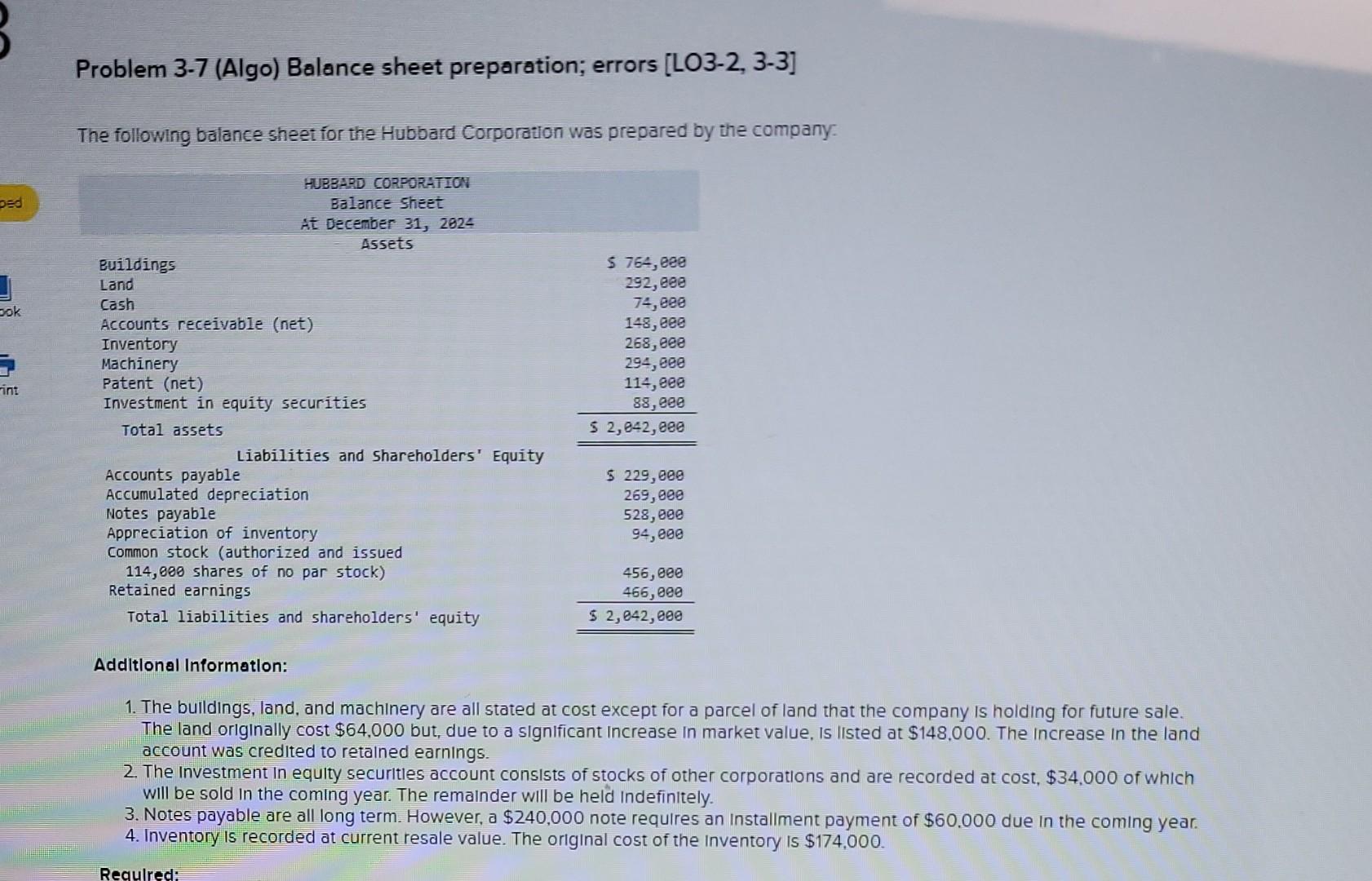 ped Problem 3-7 (Algo) Balance sheet preparation; errors [LO3-2, 3-3] The following