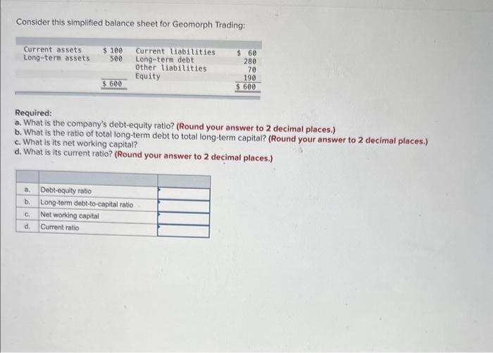 Consider this simplified balance sheet for Geomorph Trading: Current assets Long-term assets