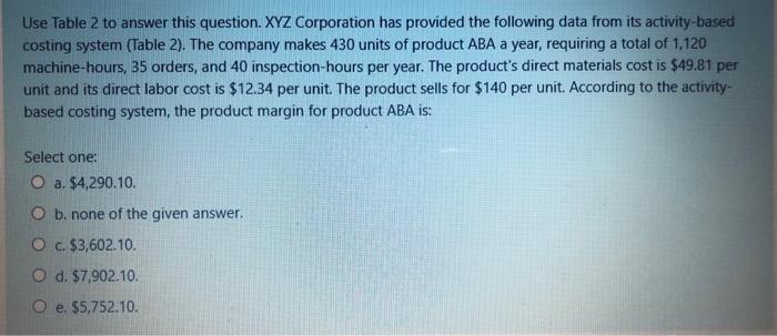 Use Table 2 to answer this question. XYZ Corporation has provided the
