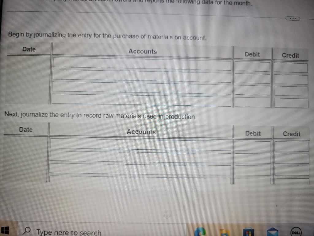 Ons the following data for the month. Begin by journalizing the entry
