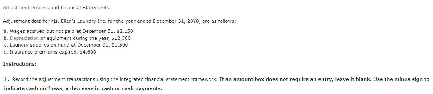 Adjustment Process and Financial Statements Adjustment data for Ms. Ellen's Laundry Inc.