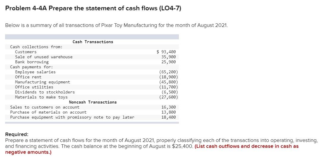 Problem 4-4A Prepare the statement of cash flows (LO4-7) Below is a