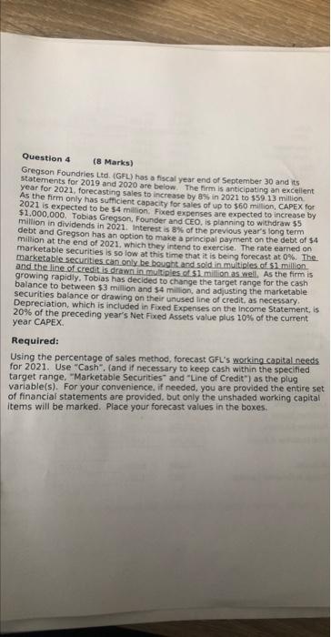 Question 4 (8 Marks) Gregson Foundries Ltd. (GFL) has a fiscal year