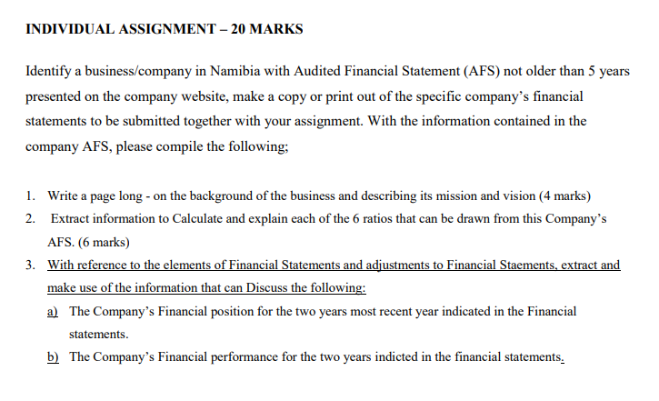 INDIVIDUAL ASSIGNMENT - 20 MARKS Identify a business/company in Namibia with Audited