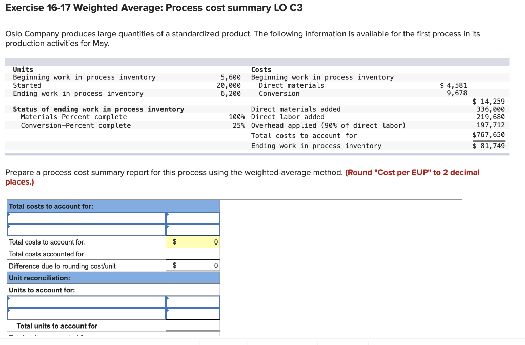 Exercise 16-17 Weighted Average: Process cost summary LO C3 Oslo Company produces