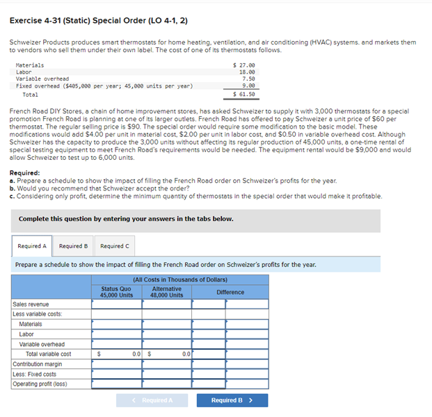 Exercise 4-31 (Static) Special Order (LO 4-1, 2) Schweizer Products produces smart