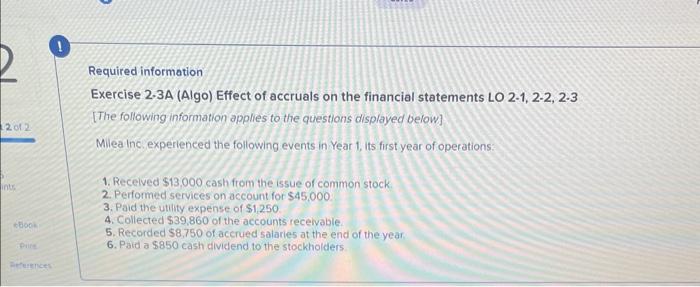 2 of 2 ints eBook Prins References Required information Exercise 2-3A (Algo)