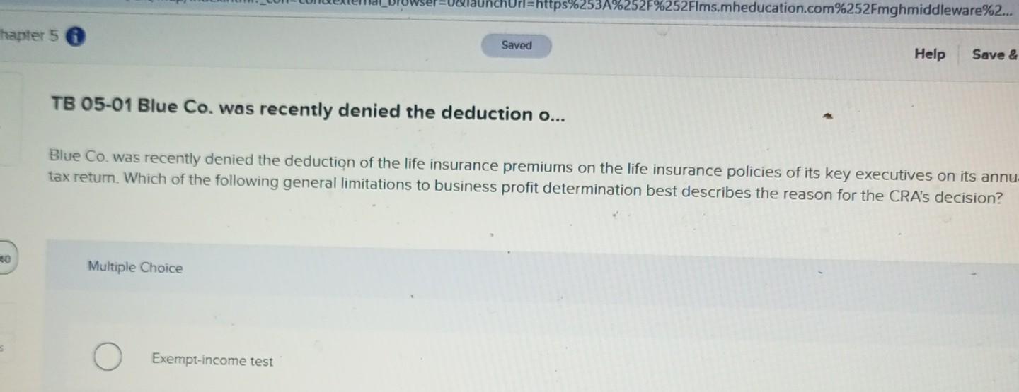 Chapter 50 Saved =https%253A%252F%252Flms.mheducation.com%252Fmghmiddleware%2... Help Save & TB 05-01 Blue Co. was