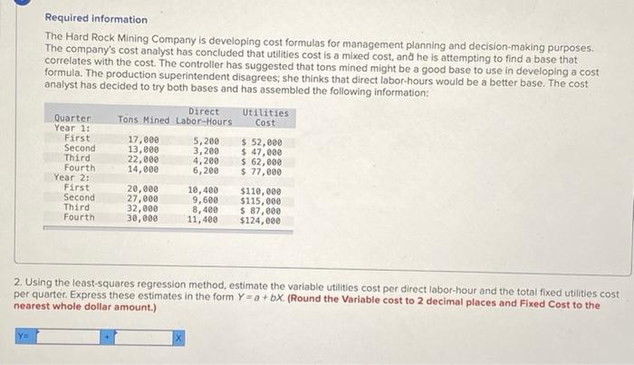 Required information The Hard Rock Mining Company is developing cost formulas for