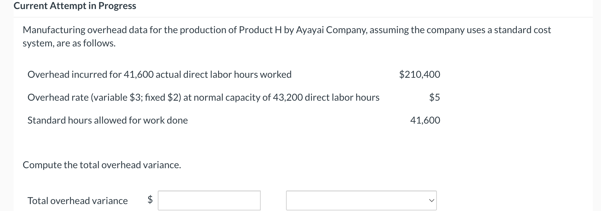 Current Attempt in Progress Manufacturing overhead data for the production of Product