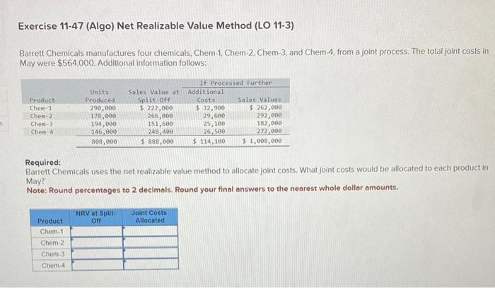 Exercise 11-47 (Algo) Net Realizable Value Method (LO 11-3) Barrett Chemicals manufactures