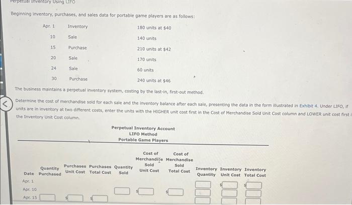 Perpetual Inventory Using LIFO Beginning inventory, purchases, and sales data for portable